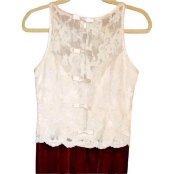 Belsoie Vintage cream Lace & Bows Red burgundy Velvet maxi Dress Gunne sax - Picture 5 of 16